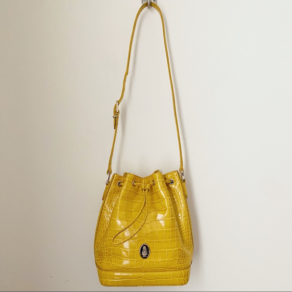 Mark Cross Canary Yellow Croc Alligator Embossed Leather Crossbody Bucket Bag